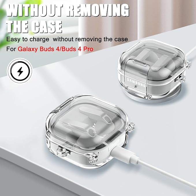 CameCosy Transparent case Compatible for Samsung Galaxy Buds 4/Buds 4 Pro 2026 with Lock Buckle & Phone Stand Function, TPU Shockproof Anti-Scratch Cover with Carabiner for Women Men, Clear