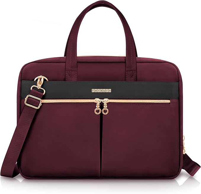 Ferkurn Laptop Bag Case Women Men Computer Bag Compatible with MacBook/HP/LG/Dell, Shoulder Strap Slim Carrying Messenger Briefcase, Wine Red, 15.6-16 Inch