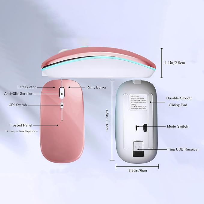 WREANU Wireless Bluetooth Mouse Rechargeable Laptop Mice with LED Lights Silent Slim Use(BT5.2 & 2.4G Portable USB) Dual Mode Computer Mouse for Laptop/iPad/Tablet/Apple/Computer/Mac(Rose Gold)