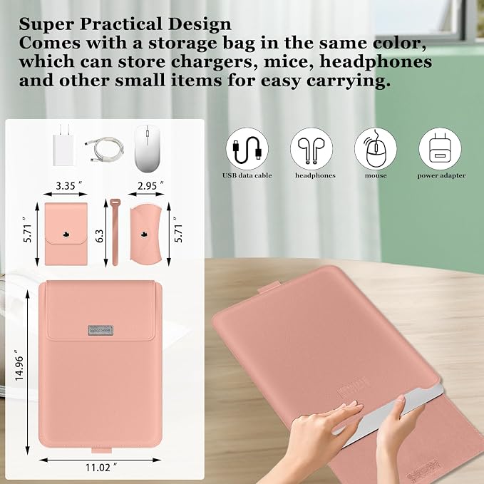 15-15.6 inch Laptop Sleeve Protective Case for MacBook Air/Pro 15" (M5/M4/M3/M2), [3 in 1] PU Leather Laptop Waterproof Slim Cover with Stand and Mouse for MacBook Pro (15") - Pink