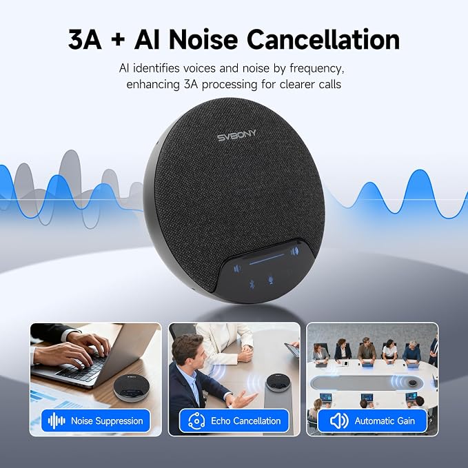 SVBONY SVN O1 Conference Speaker and Microphone, 3A+AI Noise Cancelling Conference Speaker for Clear Sound Quality, 3 Methods Plug & Play, 4Mic with 360°Voice Pickup Supports 10-12 People for Meeting