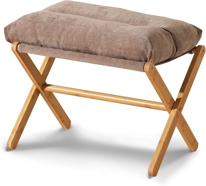 Baveke Folding Foot Stool, Small Accent Ottoman with Thick Cotton Cushion & Bamboo X Legs, Modern Padded Sofa Stool for Makeup Bedroom Living Room (Brown)