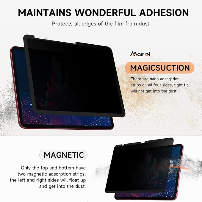 Upgrade 360° Privacy Screen Protector for iPad Air 11 inch M4 2026 & M3 2025 & M2 2024, (iPad Air 8th/7th/6th Generation), Magicsuction 4-Way Anti Spy Glare Blue Light Filter, Bubble Free/Reusable