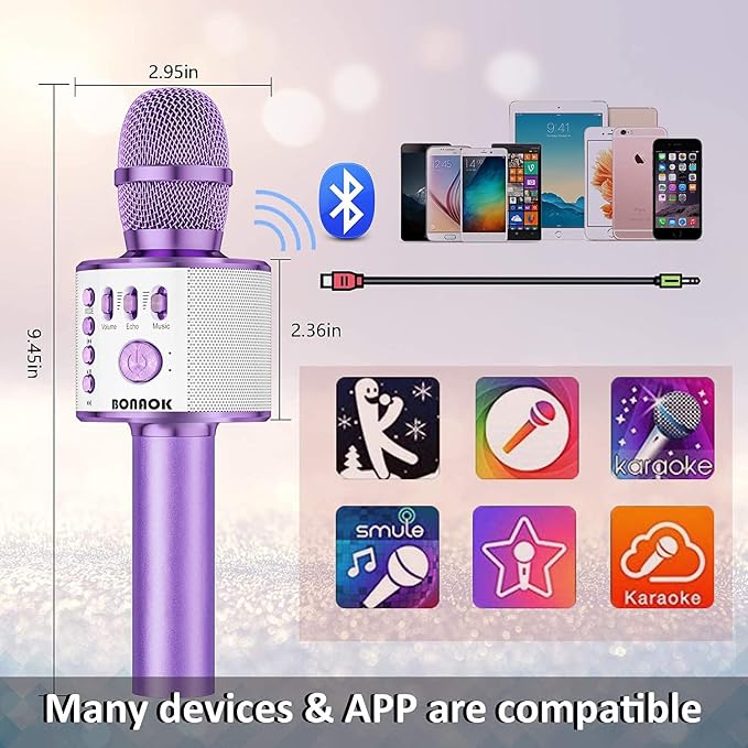 BONAOK Wireless Bluetooth Karaoke Microphone, 3-in-1 Portable Handheld Mic Speaker Machine for All Smartphones, for Girls Boys Kids Adults All Age Q37(Light Purple)