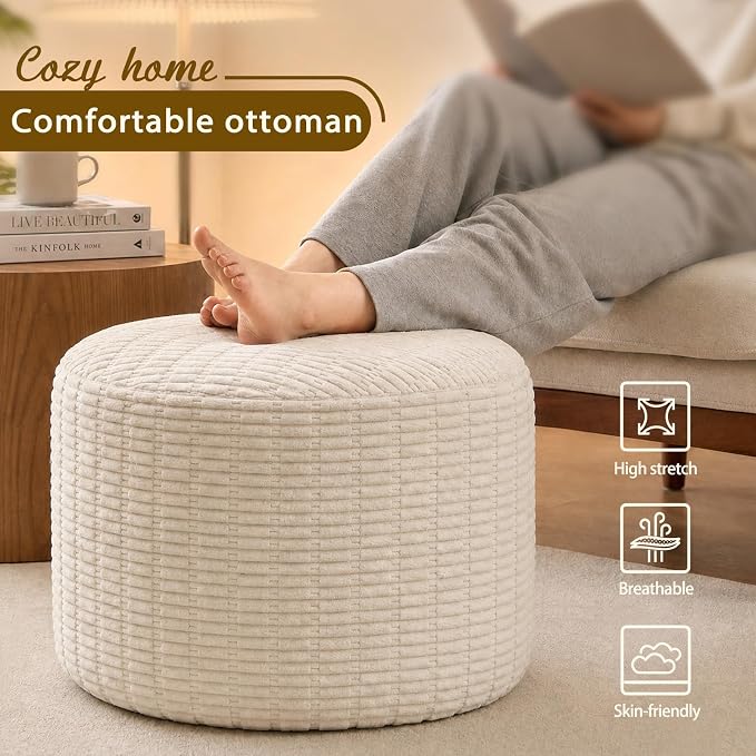 Round Corduroy Ottoman Foot Rest Pouf for Living Room Couch - Soft Plush Shredded Foam Filled Hassock Stool, Comfy Footstool for Adults (Cream - Chunky Corduroy, 20 INCH×15 INCH)