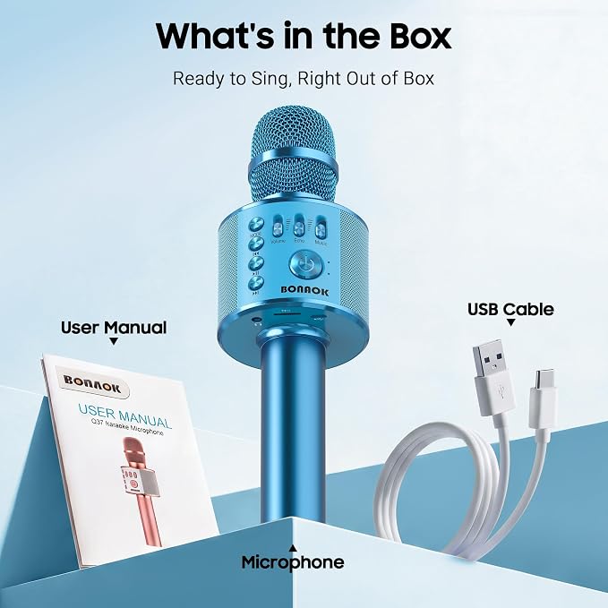 BONAOK Wireless Bluetooth Karaoke Microphone,3-in-1 Portable Handheld Karaoke Mic Speaker Machine Birthday Home Party for PC or All Smartphone (Q37 Blue)