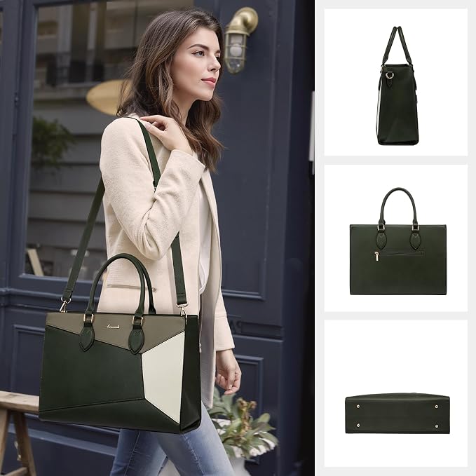 LOVEVOOK Laptop Bag for Women,15.6 lnch Waterproof Lightweight Leather Tote Bag,Professional Business Office Work Bags with Clutch Purse,Large Capacity Computer Shoulder Handbag,Army-Grey-White