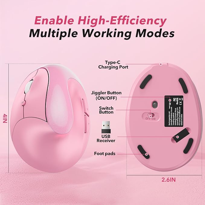 Left Handed Ergonomic Mouse Jiggler,Vertical Wireless & Rechargeable,2.4G USB Carpal Tunnel Lefty Mice with Undetectable Random Movement Keeps PC Laptop Awake-Pink