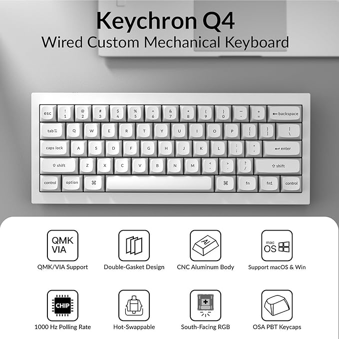 Keychron Q4 Wired Custom Mechanical Keyboard, QMK/VIA Programmable Macro, Full Aluminum, Hot-Swappable Gateron G Pro Blue Switch, 60% Layout Double Gasket Compatible with Mac and Windows - White