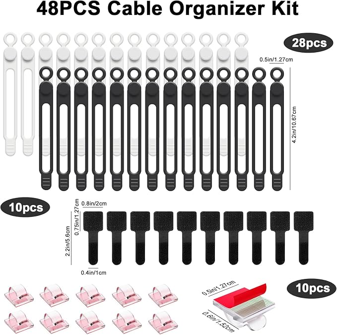 48Pcs Cord Organizer Kit, Reusable Silicone Cable Ties, Strong Adhesive Cable Clips for Cable Management, Multipurpose Wire Management for Bundling and Fastening Various Wires (Black, White)