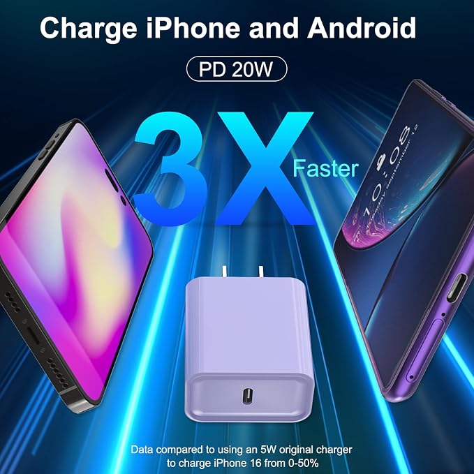 iPhone 17 16 15 Charger Fast Charging, 3 Pack PD 20W USB C Charger with 10FT Cord, USB C Cable Type C Chargers Block for iPhone 17/17 Pro/17 Pro Max/16/16 Plus/16 Pro/16 Pro Max/15/15 Pro（Purple）
