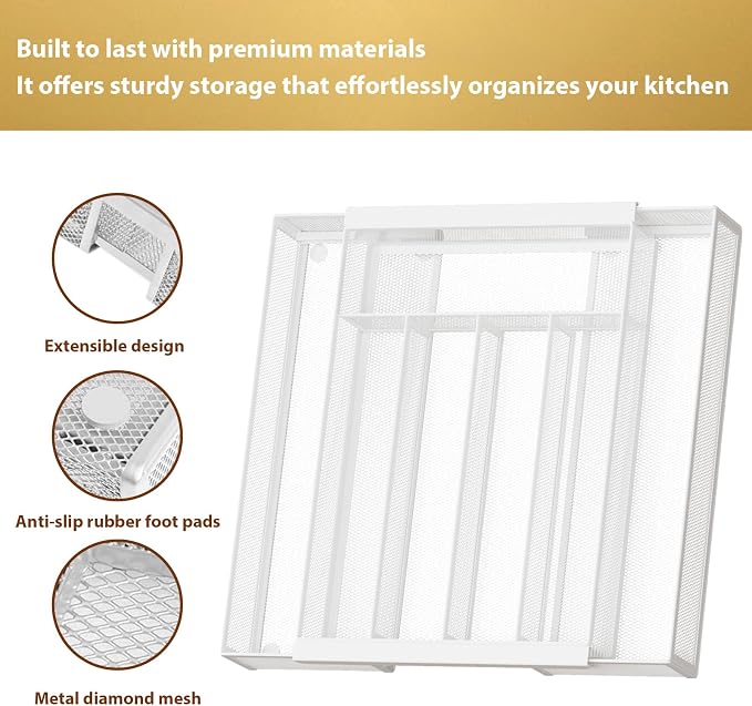 Sedegn Silverware Organizer Metal Mesh, Drawer Organizer, Utensil Cutlery Tray for kitchen drawers,Expandable Flatware Organizer with 7 Compartment White 9.6"~16.1" x 13.8"