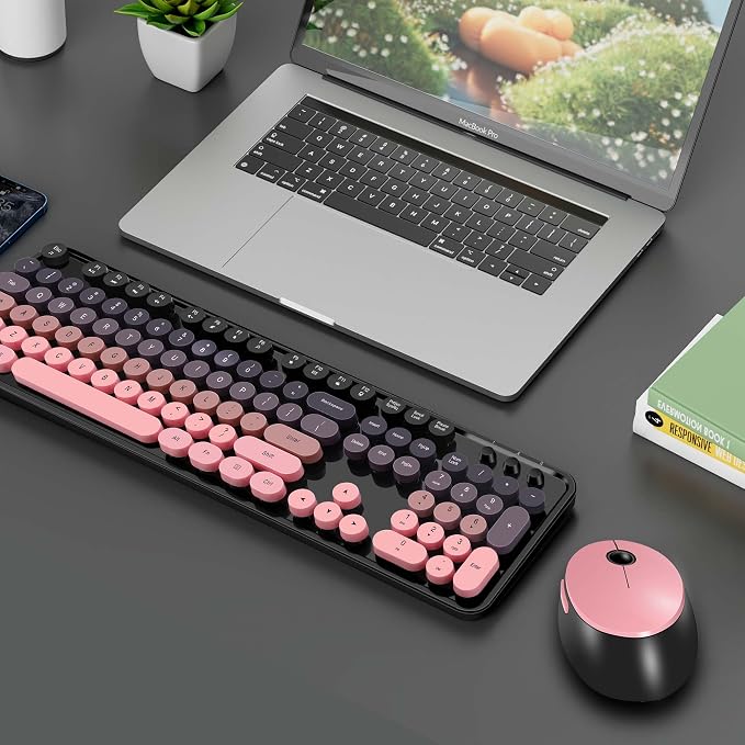 Kootop Wireless Keyboard and Mouse Combo, Cute Colorful 104 Keys Typewriter Retro Round Keycaps Keyboard for PC Laptop,Desktop,Windows, Home and Office Keyboards(Black and Pink)