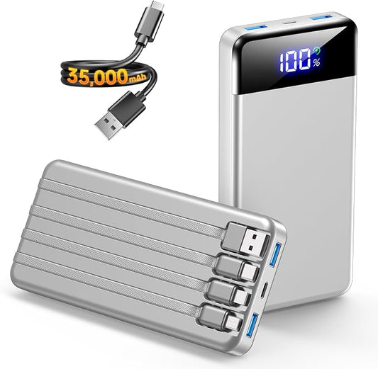 Portable Charger 35000mAh Power Bank - Powerbank with 4 Built in Cables, 22.5W Fast Charging Travel Camping Essential Battery Pack Compatible with iPhone 17 16 15 14 13 Samsung Google, 1 Pack, Silver