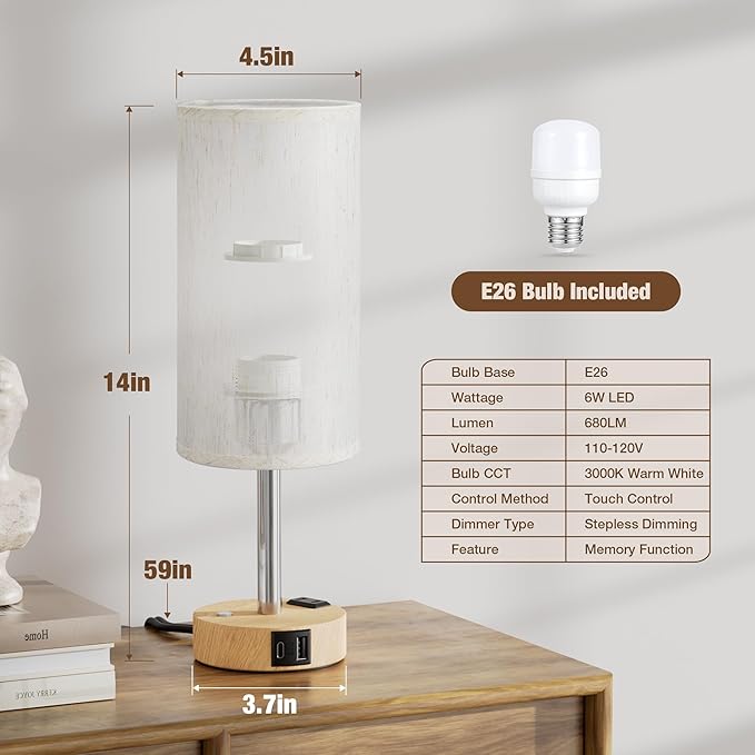 Touch Bedside Table Lamp with Memory - Stepless Dimmable Lamp for Bedroom, Small Nightstand Lamp with Dual USB Charging Ports and AC Outlet, Wood Night Light, Desk Lamp for Nursery, Living Room, Dorm
