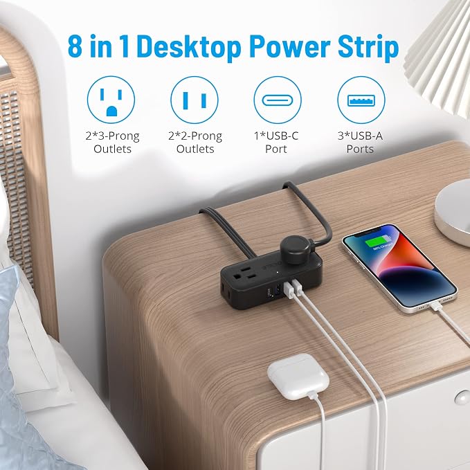 TROND Travel Power Strip with USB Ports, 5ft Flat Plug Extension Cord with Multiple Outlets, Small Wall Mount Extender Adapter for Office Dorm Room Essentials, Black