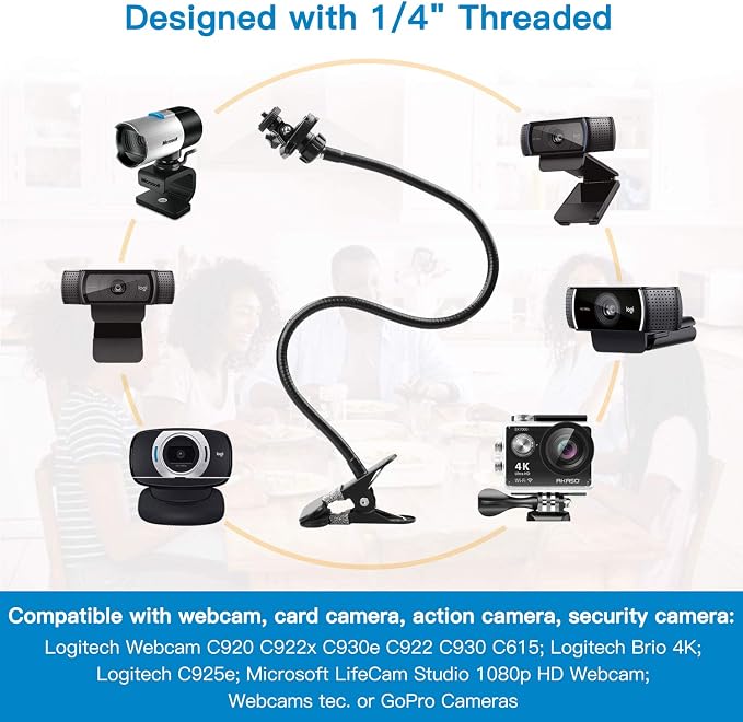 Pipishell 25 Inch Webcam Stand, Flexible Desk Mount Clamp Gooseneck Stand for Logitech Webcam C960 C930e C930 C920 C920S C922x C922 Brio 4K C925e C615 and Other Devices with 1/4" Thread-PIWS01
