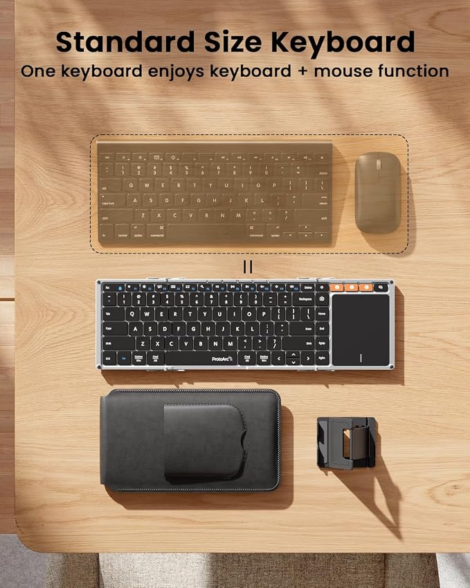 ProtoArc Foldable Keyboard with Touchpad, XK01 TP Folding Portable Keyboard, Full Size Keys, Large Trackpad Bluetooth Travel Keyboards for Laptop PC Tablet - Silver