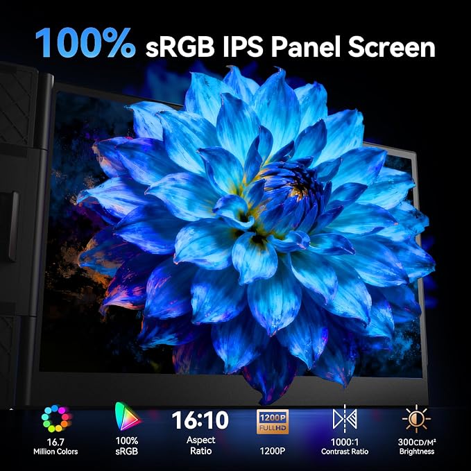 Laptop Screen Extender, 15.3" 16:10 IPS 100% sRGB Portable Travel Monitor for Laptop, FHD 1200P External Display Screen, Dual Screen Attachment Plug & Play for Mac Windows