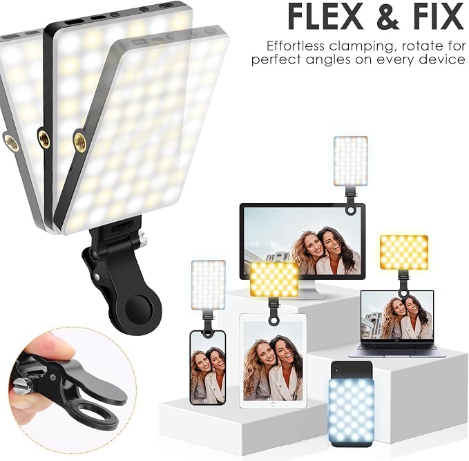 Selfie Light Portable Phone Light, Eagerey 60 LED Rechargeable Fill Lights with Front & Back Clip, CRI 95, 3 Modes, Clip on Lights for TikTok Tablet/Laptop, iPad, Conference Vlog Video