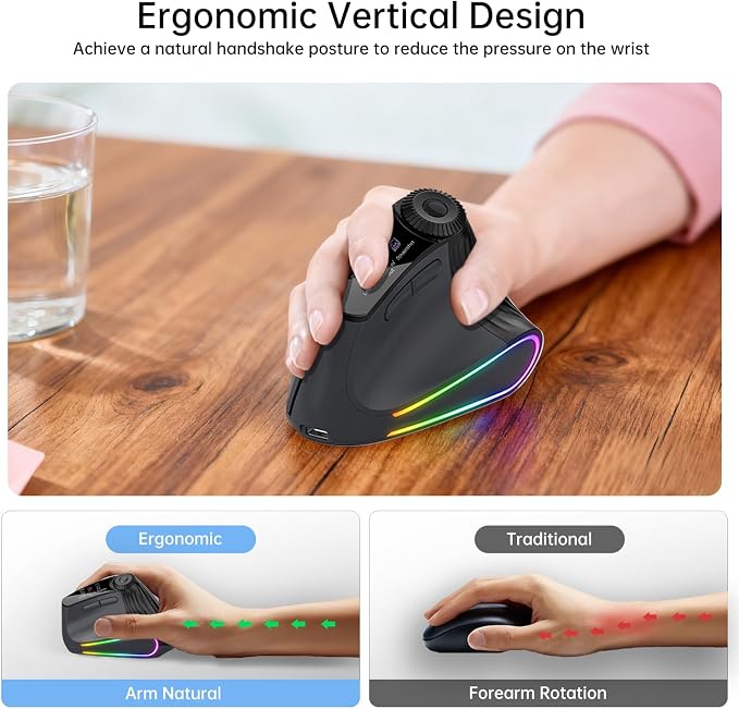 Ergonomic Wireless Mouse, Bluetooth Vertical Silent Mouse with LED Screen and Knob Control, Rechargeable, 4800 DPI, Hyper-Fast Scrolling, 3 Multi-Device Connections, for PC and Mac Systems