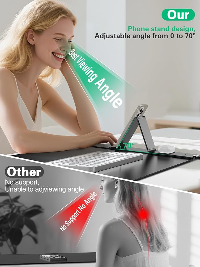 Mouse Pad with Foldable Phone Holder, Wireless Charging Desk Mat 31.5x15.75 Mousepad with Superior Micro-Weave Cloth Non-Slip Waterproof Desk Pad (Black with PD Adapter)