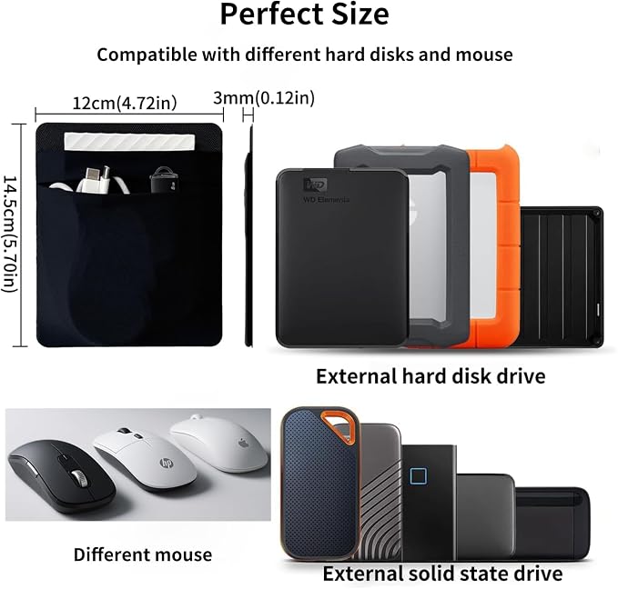 2-Pocket SSD Holder for Laptop,Adhesive Pouch,Portable Hard Drive Sleeve for Laptop,Compatible with External 2.5" HDD, Magic Mouse, Externa Hard Drive,USB Cable and More Holder - Black