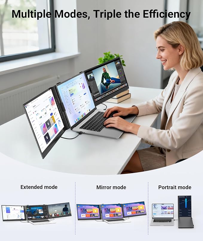 14" Triple Laptop Screen Extender, Ultra-Thin FHD 1080P Portable Monitor, 2.2lbs Lightweight Plug & Play Travel Monitor for 13"-17" Laptops, Compatible with Windows/Mac/Android/Chrome