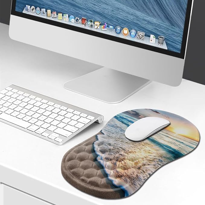 Hokafenle Ergonomic Mouse Pad Wrist Support, Wrist Rest Mousepad for Carpal Tunnel Pain Relief with Integrated Memory Foam Slope Massage Bulge (11.8x7.9 inch,Beach Sunset