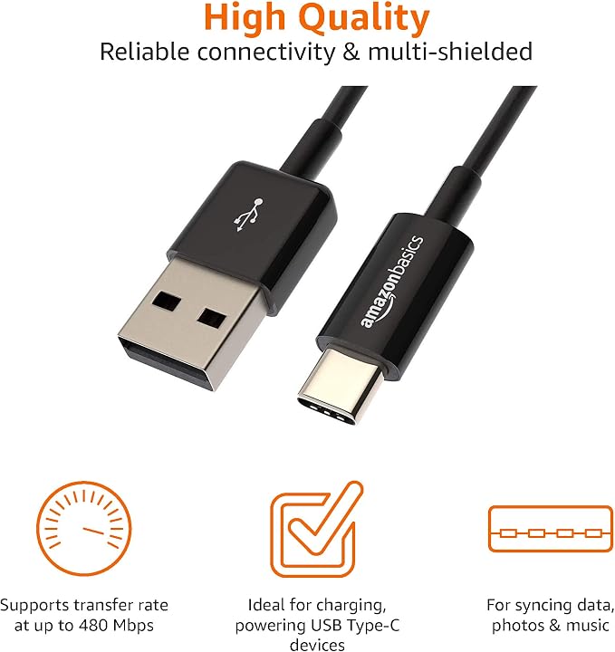 Amazon Basics USB-C to USB-A 2.0 Fast Charger Cable, 480Mbps Data Transfer Speed, USB-IF Certified, for Apple iPhone 16/15, iPad, Samsung Galaxy, Tablets, Car, 3ft, Black