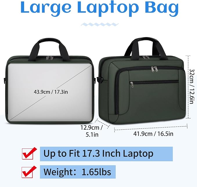 Laptop Bag 17.3 Inch Laptop Briefcase Large Waterproof Laptop Case for Men Women Business Office Work Computer Bag 17 Inch Adjustable Shoulder Messenger Bag, Green