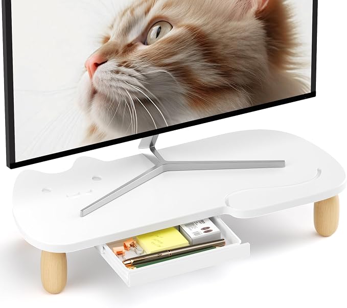 AFOOYO Monitor Stand Riser,Cat-Shaped Sturdy Wood Computer Monitor Stand, Monitor Stand Riser, Multi-Purpose Desktop Organizer Riser for Computer,Laptop,Printer,TV,White