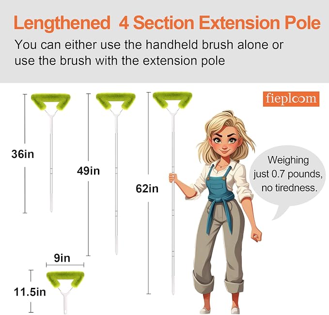 Window Screen Cleaning Brush with 62in Extension Pole, Innovative Fibre Mesh Screen Cleaner for Window Mesh, Patio Screens, Screen Doors, Pool Cage & Fence - Dry or Wet Use