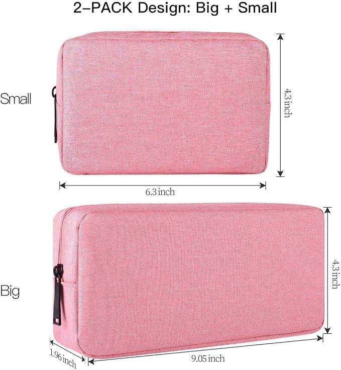 2-PACK Accessories Bag for Women Ladies Travel Organizer, Big+Small Portable Storage Bag Pouch Electronics Accessories Carrying Case Cosmetic Bag for Hard Drive, Mouse, Cable, Adapter, Cellphone, Pink