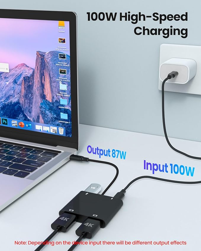 USB C to Dual HDTV Adapter, Fophmo 4K@60Hz HDTV Splitter Extend Display for Dual Monitors, macOS Only Allows Mirror Mode, Windows Allows Multi-Monitor Display 3 Separate Screens for 100W PD,USB-A Port