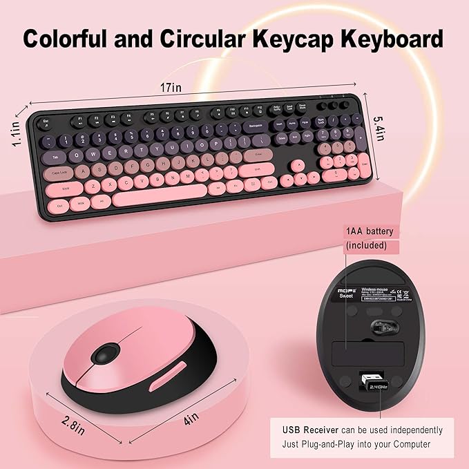 Kootop Wireless Keyboard and Mouse Combo, Cute Colorful 104 Keys Typewriter Retro Round Keycaps Keyboard for PC Laptop,Desktop,Windows, Home and Office Keyboards(Black and Pink)