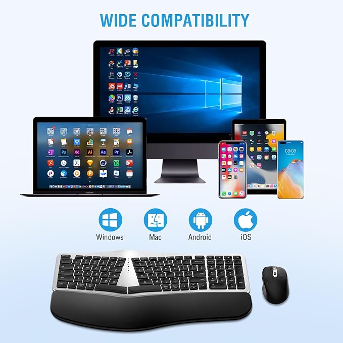 Ergonomic Wireless Keyboard Mouse Combo, EDJO Bluetooth/2.4G Dual Channel, Split Design, Soft Foam Palm Rest, 4 Level DPI Adjustable Wireless Mouse, Rechargeable, for Windows/Mac/Android(Sliver)