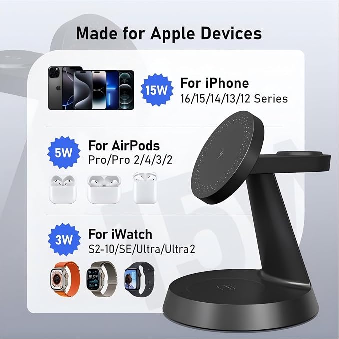 iPhone Charging Station 3 in 1 Wireless Charger for Apple Devices, 15W MagSafe Stand Compatible with iPhone 17 16 15 14 13 12 Pro Max Plus, Charging Dock for AirPods 4 3 2 & iWatch Series (Black)