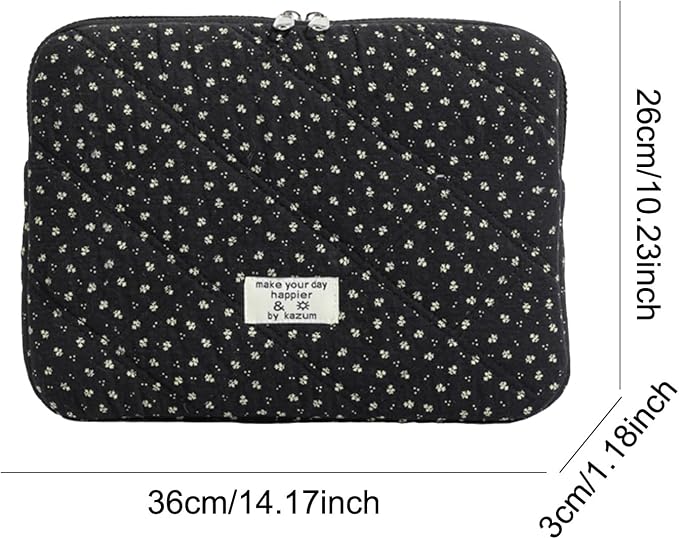Puffy Laptop Sleeve 13-15.6 Inch Corduroy Quilted Laptop Protective Case Cute Floral Computer Sleeve Protective for MacBook (Black Ditsy Floral, 13-14 Inch)