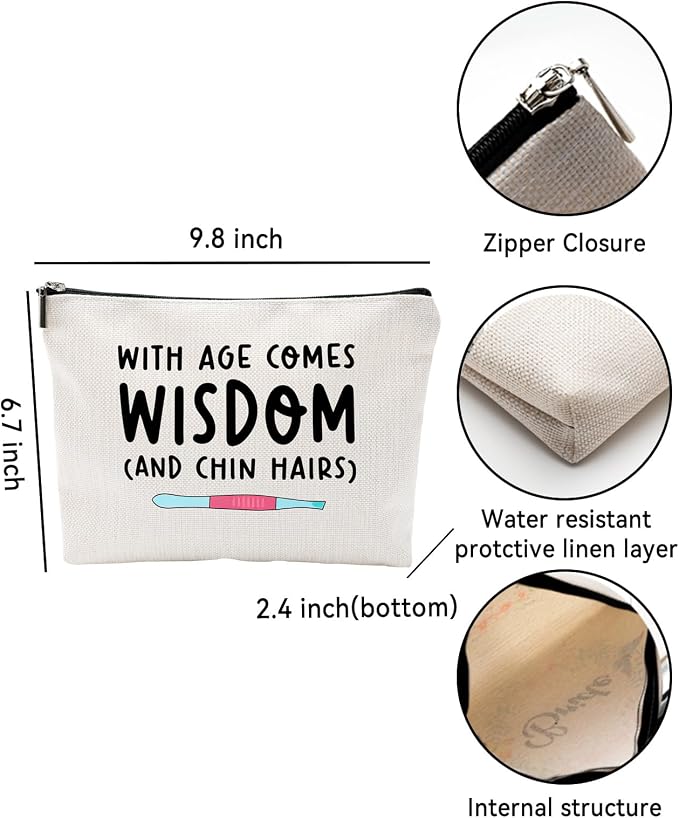 ZUYUROU Funny Makeup Bag for Women Birthday Gifts Best Friend Mom, Travel Cosmetic Pouch Organizer for Toiletries, With Age Comes Wisdom Humor Gift