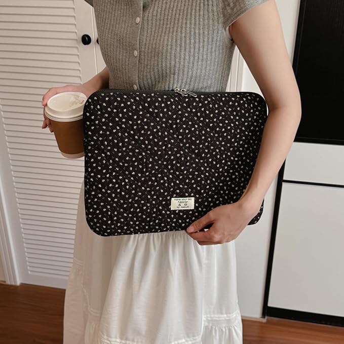 Puffy Laptop Sleeve 13-15.6 Inch Corduroy Quilted Laptop Protective Case Cute Floral Computer Sleeve Protective for MacBook (Black Ditsy Floral, 15.6 Inch)