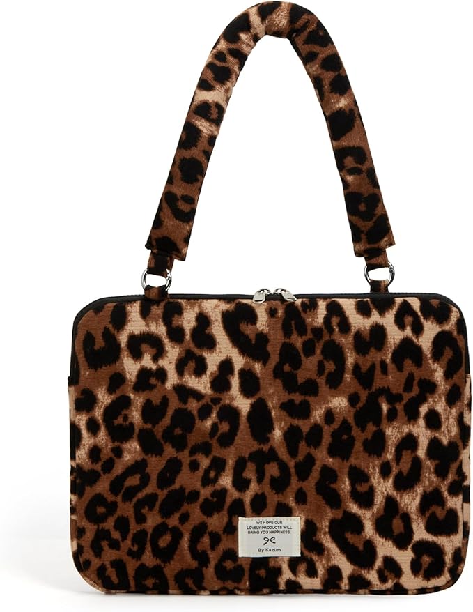 Cute Bow Laptop Case Coquette 13-15 Inch Puffy Laptop Sleeve Accessories Aesthetic Quilted Computer Bag for MacBook (Leopard Brown, 13-14inch)