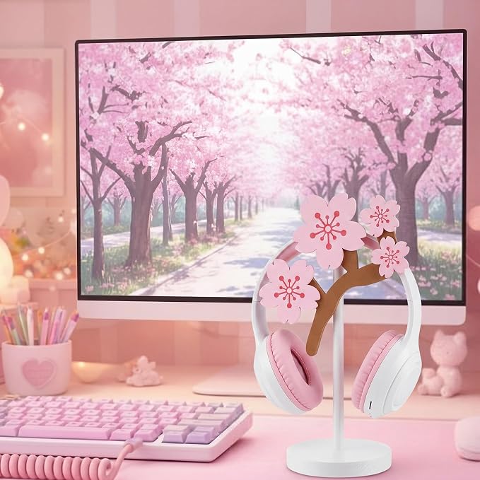 Yookeer Pink Cherry Headphone Stand Cute Headphone Stand Decorative Sakura Wood Desk Decor for Gamer Room Office Desk Gaming Gifts for Girlfriend Office Worker