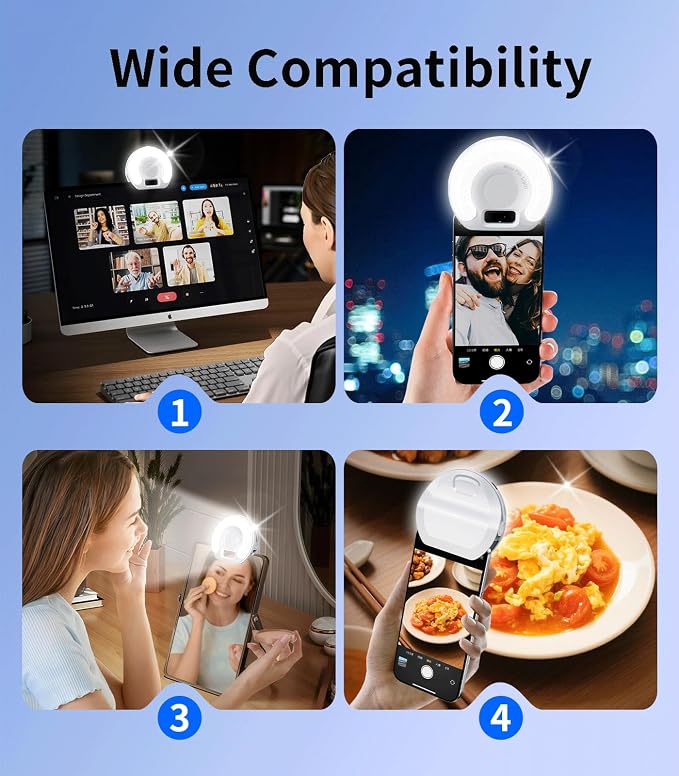 Portable Ring Light for Phone，3 Color Modes Clip On LED Light，Selfie Light for iPhone & Webcam，Adjustable Phone Light Clip for Video Recording, Content Creator,Vlog，Makeup & Video Calls