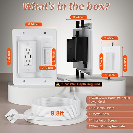 in Wall Cable Management Kit with Brush Wall Plate TV Outlet Wall Kit 2AC+USB-a/c Recessed Outlet Box 9.8ft Cord for TV Workspace Setup Living Room Home Theater Setups
