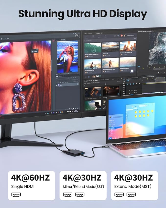 USB C to Dual HDTV Adapter, Fophmo 4K@60Hz HDTV Splitter Extend Display for Dual Monitors, macOS Only Allows Mirror Mode, Windows Allows Multi-Monitor Display 3 Separate Screens for 100W PD,USB-A Port