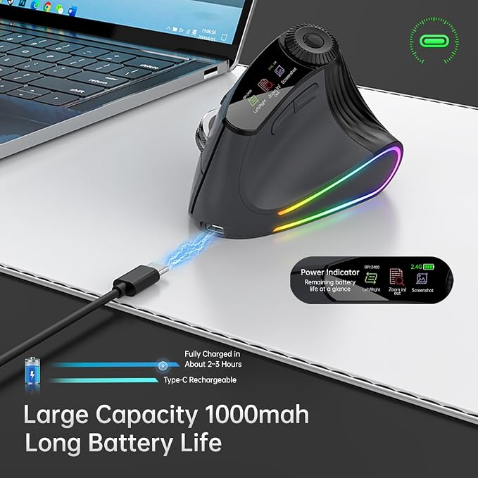 Ergonomic Wireless Mouse, Bluetooth Vertical Silent Mouse with LED Screen and Knob Control, Rechargeable, 4800 DPI, Hyper-Fast Scrolling, 3 Multi-Device Connections, for PC and Mac Systems