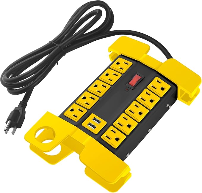 CCCEI Heavy Duty Power Strip with USB Ports, Garage 10 Outlets Surge Protector 2700 Joules, Industrial Workshop Metal 15Amp Multiple Outlets, 10 FT Extension Cord and Wide Spaced Black