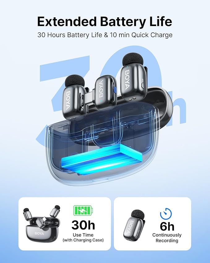 BOYA mini 2 Wireless Microphone for iPhone & Android, AI Noise Cancellation, App Control, Safety Track, 30H Battery Life with Charging Case, Lapel Microphone Wireless for Video Recording Podcast Vlog