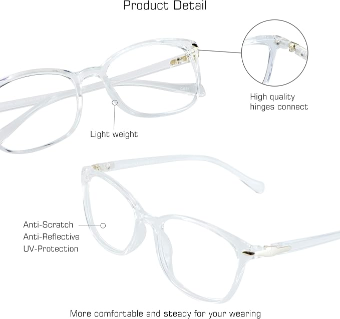 VisionGlobal Blue Light Blocking Glasses for Women Men, Stylish Square Frame (Clear, No Magnification)